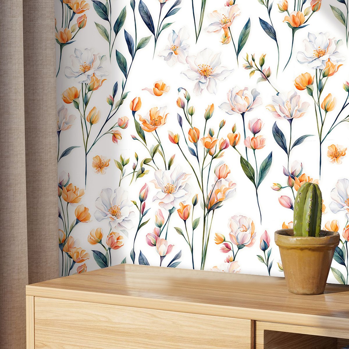 Self adhesive easy to clean yellow, white, green plants, flower branches, background decorative wallpaper, home wallpaper