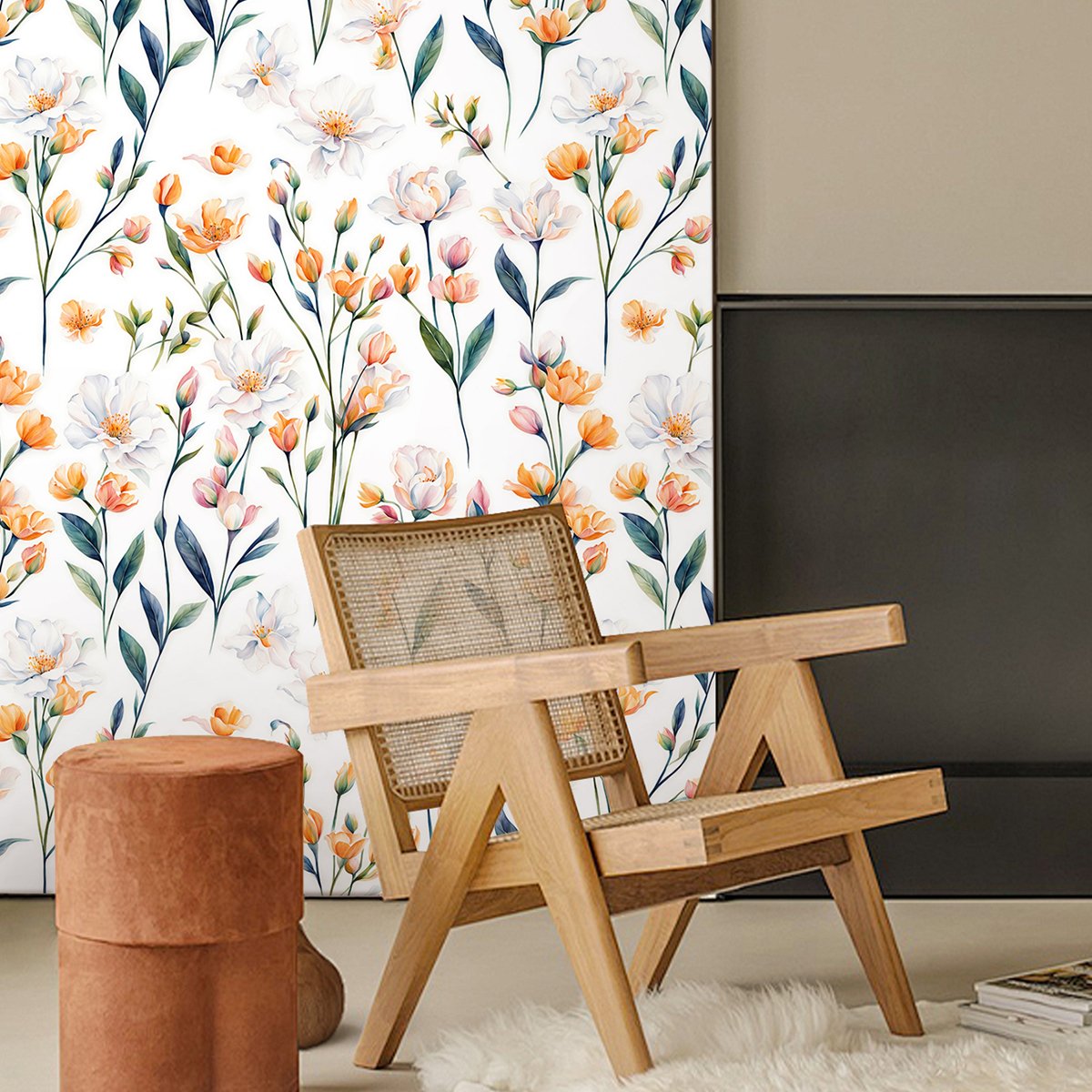 Self adhesive easy to clean yellow, white, green plants, flower branches, background decorative wallpaper, home wallpaper