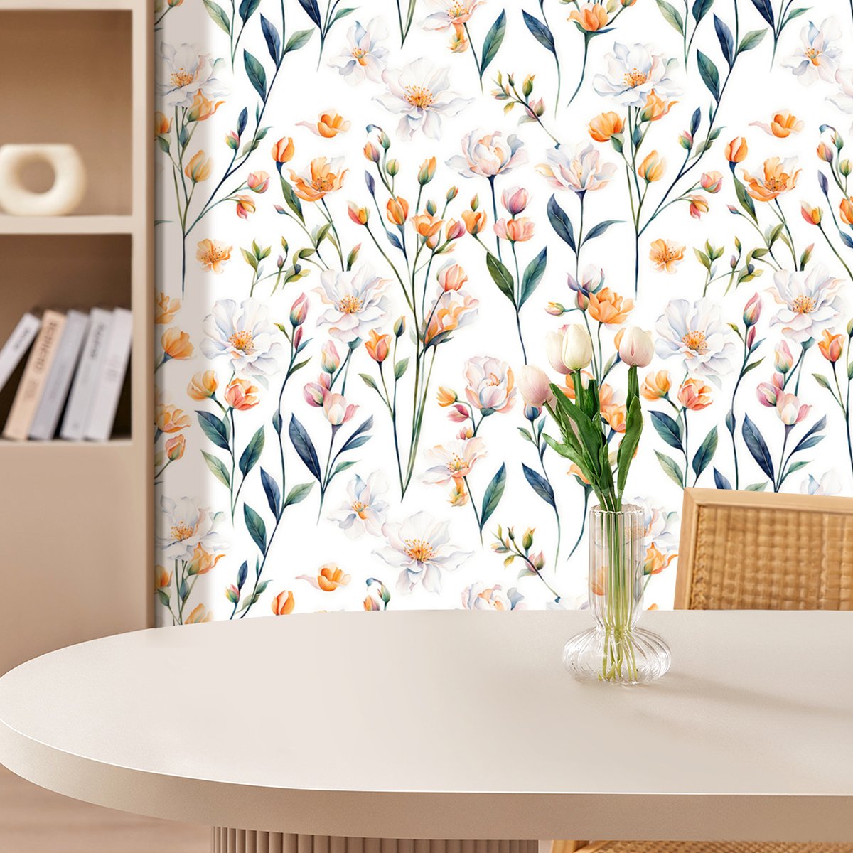 Self adhesive easy to clean yellow, white, green plants, flower branches, background decorative wallpaper, home wallpaper