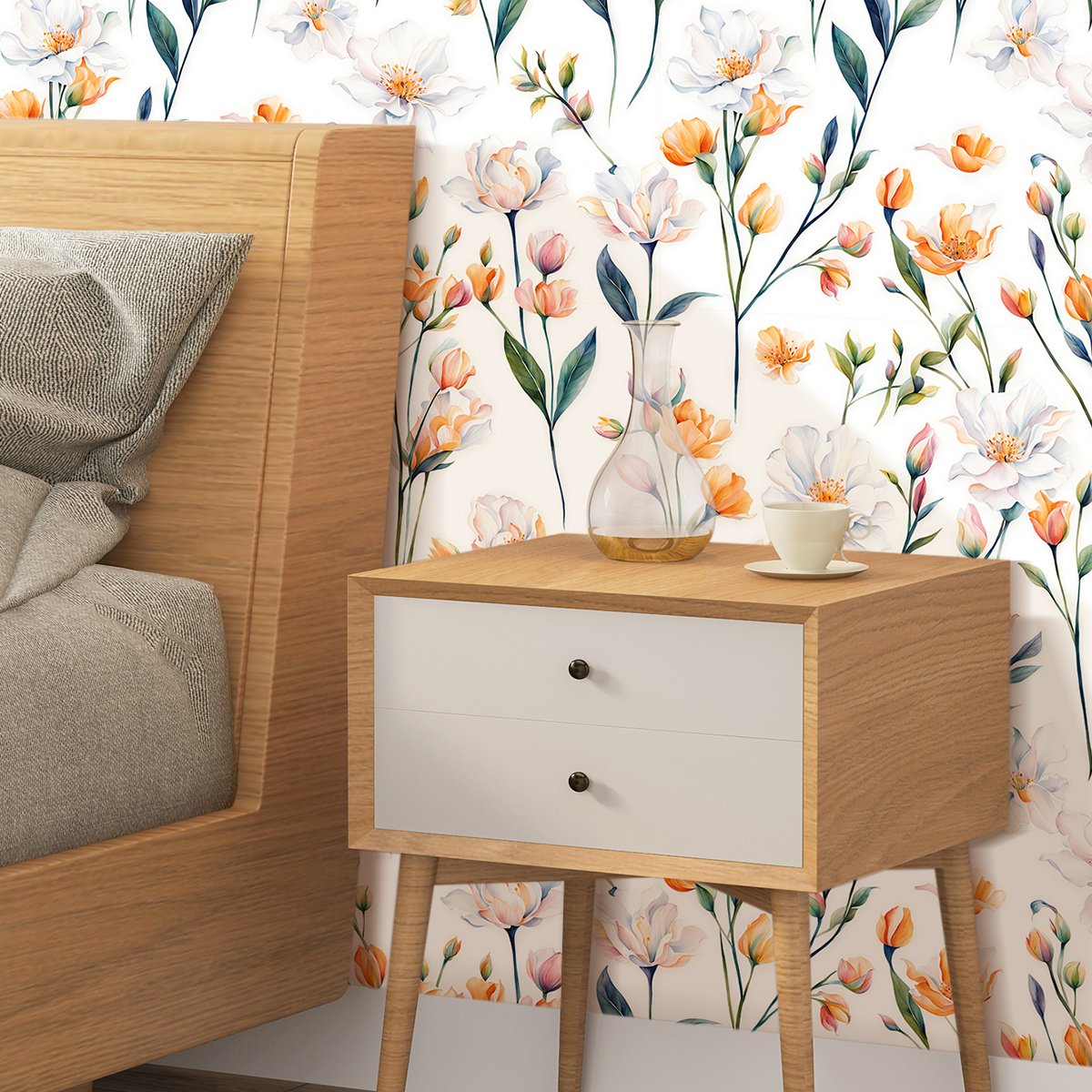 Self adhesive easy to clean yellow, white, green plants, flower branches, background decorative wallpaper, home wallpaper