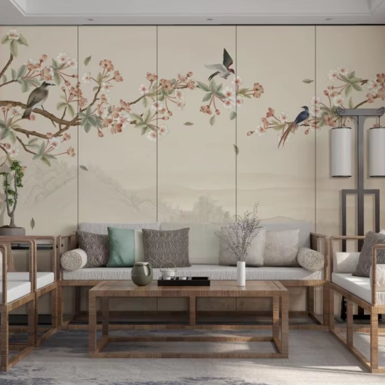 Zhenling Digitally Printed Pear Bird Design Silk Embroidery Wallpaper for 3d wallpaper home decoration
