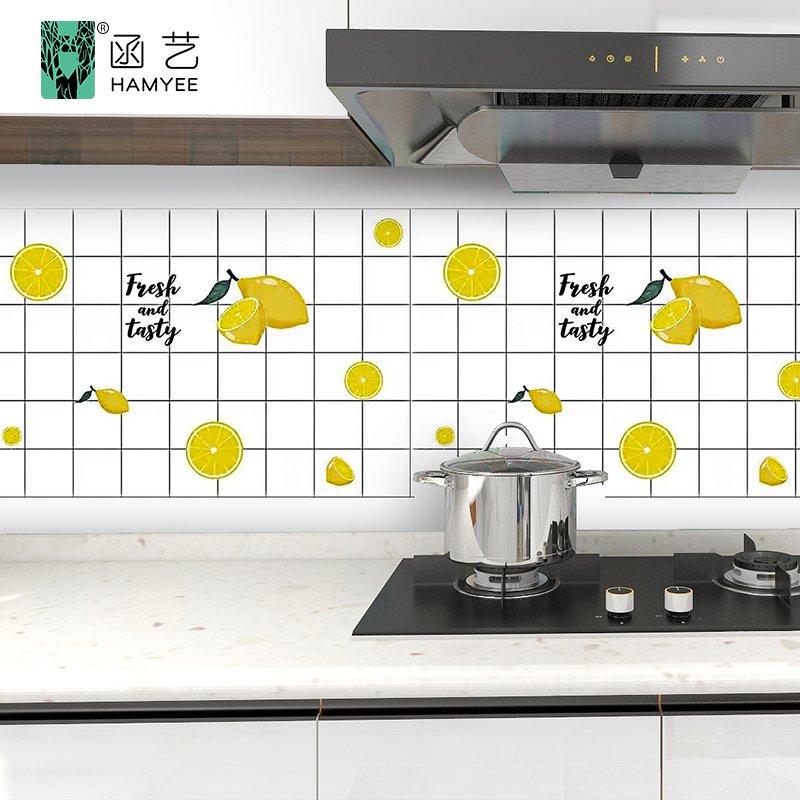Heat resistant aluminum foil wallpaper lemon fruits print wallpaper 3d home decoration for kitchen