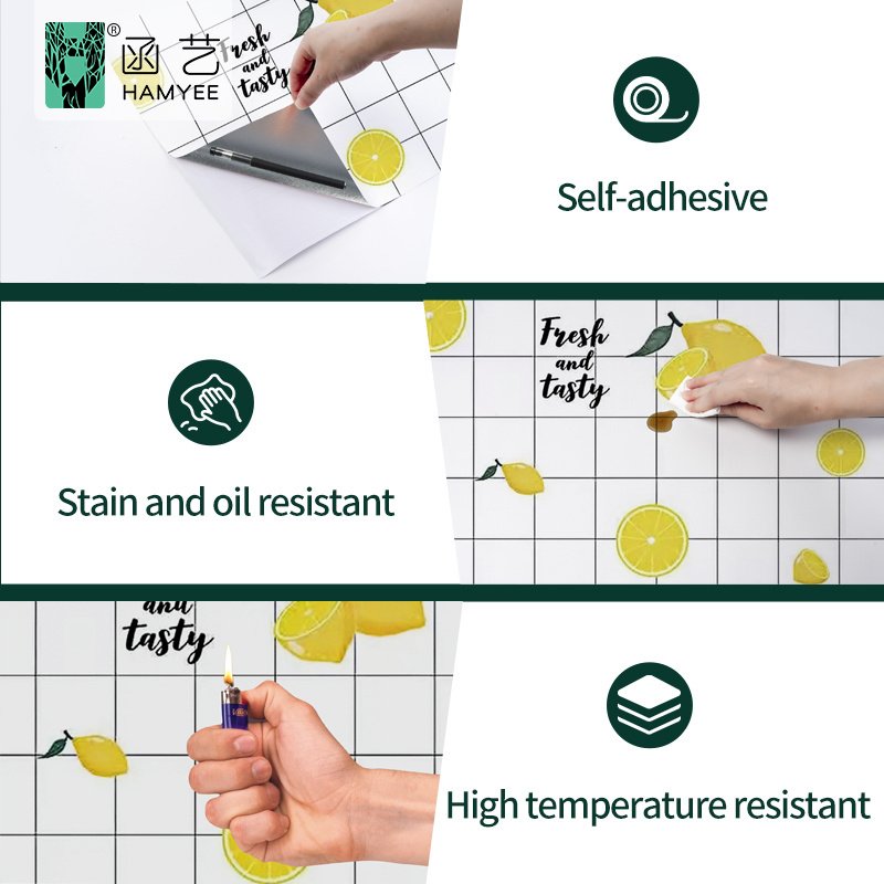 Heat resistant aluminum foil wallpaper lemon fruits print wallpaper 3d home decoration for kitchen