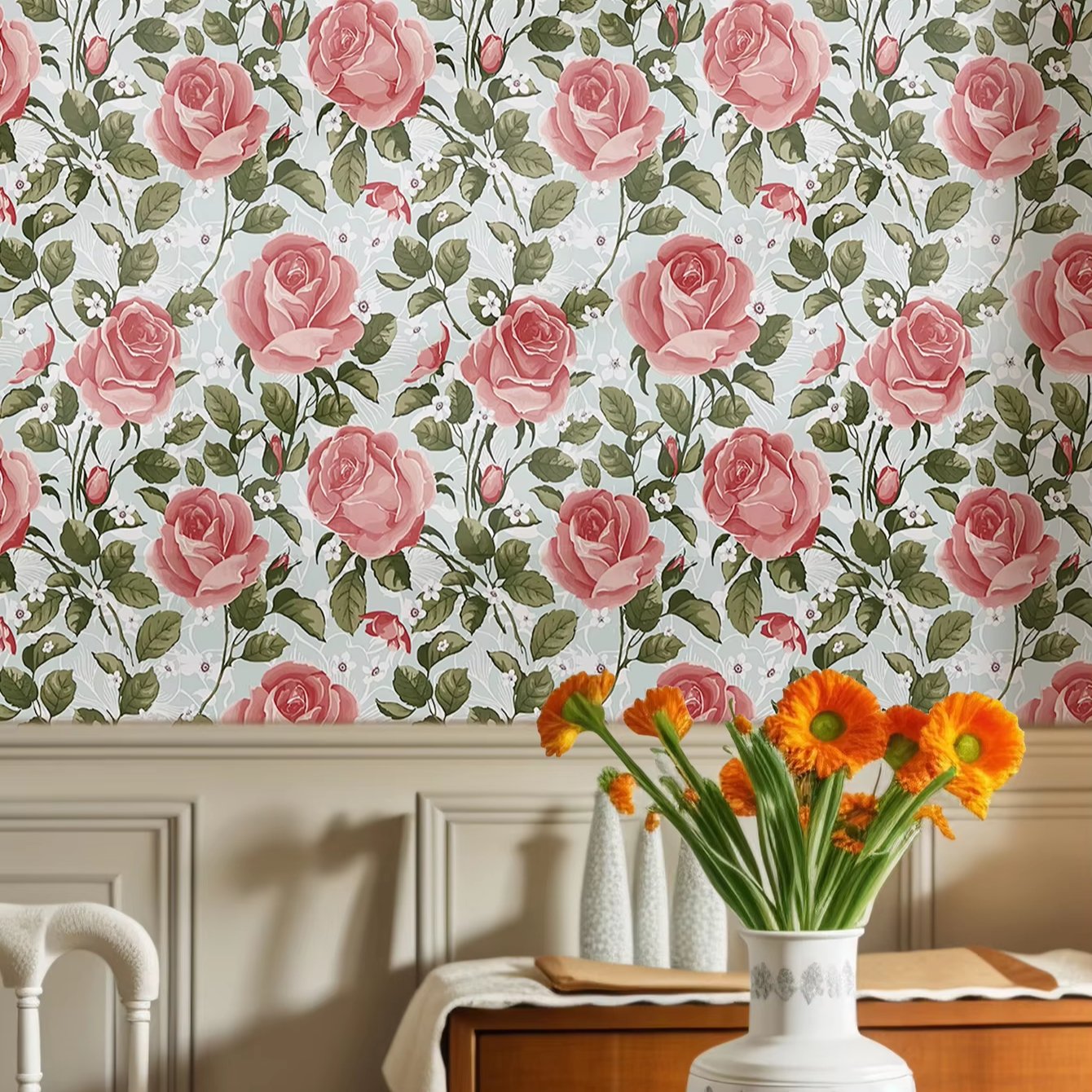 Self adhesive waterproof and anti fouling watercolor flower and rose background decorative wallpaper, home wallpaper