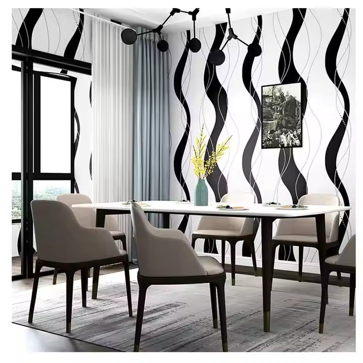Simple and fashionable 3D geometric curve black and white striped wallpaper living room background wall personalized wallpaper