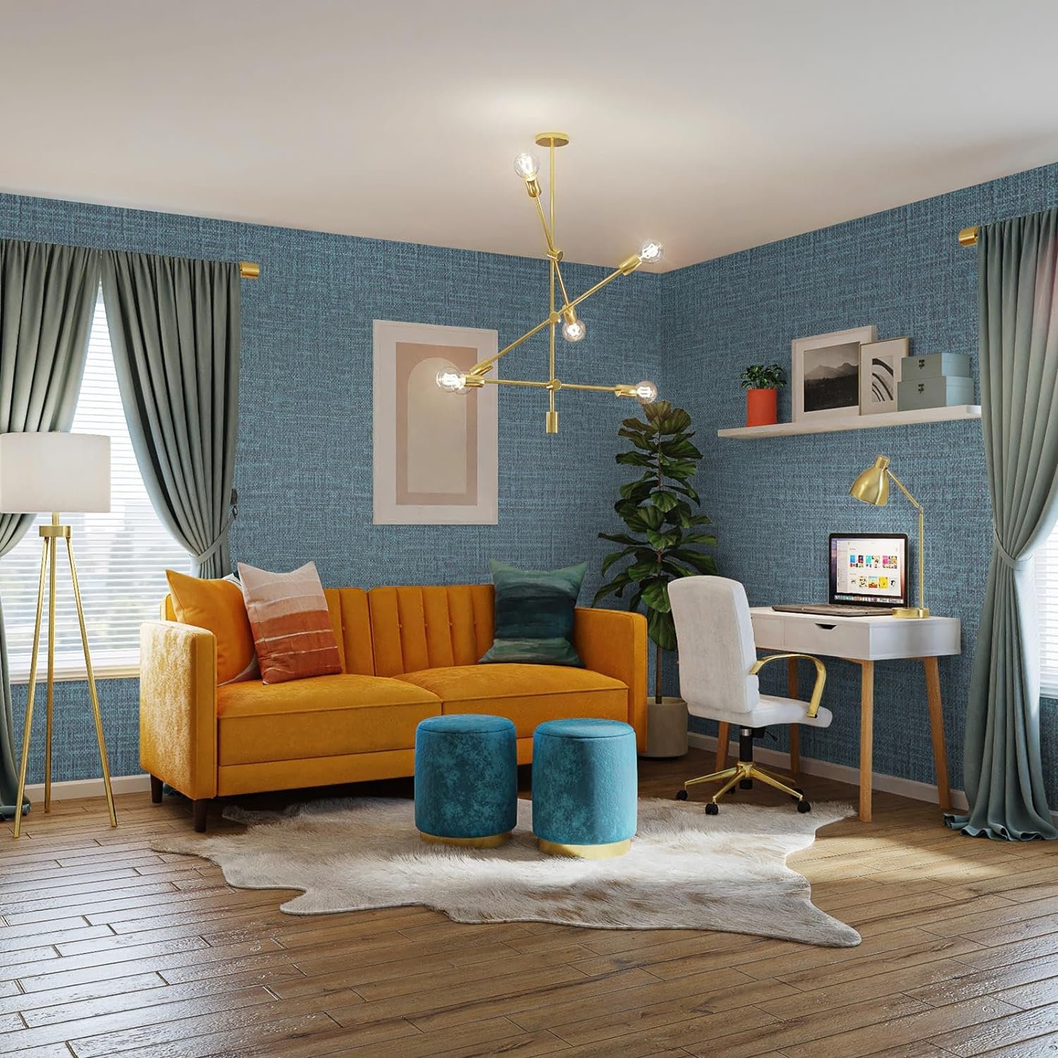 ORON High Quality Blue Linen Texture Interior Decorative Wall Paper pvc Self Adhesive Fabric Wallpaper Rolls For Wall