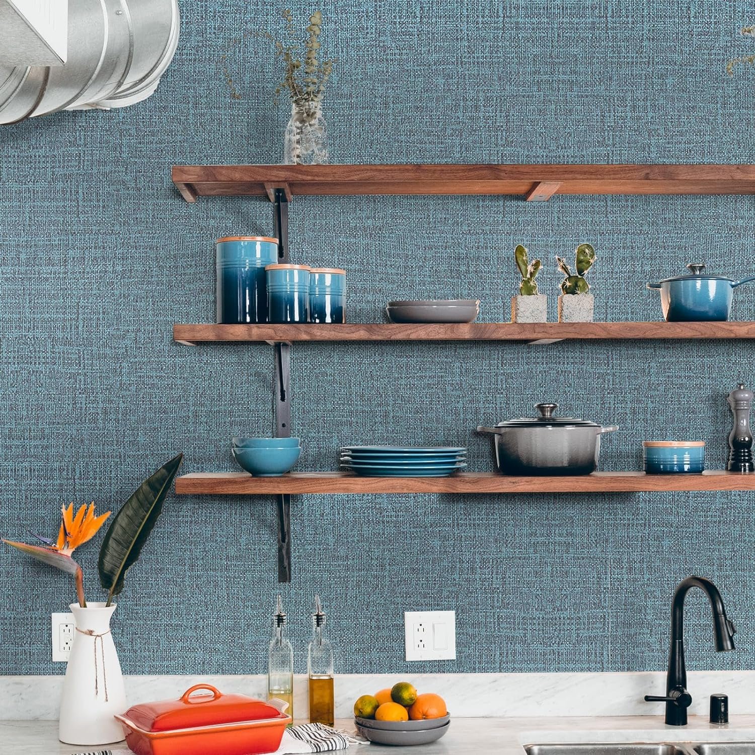 ORON High Quality Blue Linen Texture Interior Decorative Wall Paper pvc Self Adhesive Fabric Wallpaper Rolls For Wall