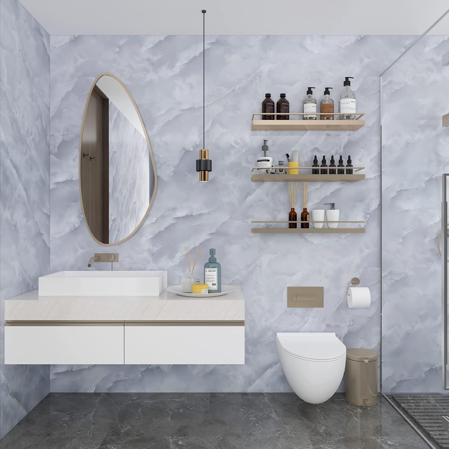 ORON DECO Waterproof High Glossy Marble Sticker Modern Self-Adhesive Peel and Stick Wall Paper Roll for Bathroom Countertop