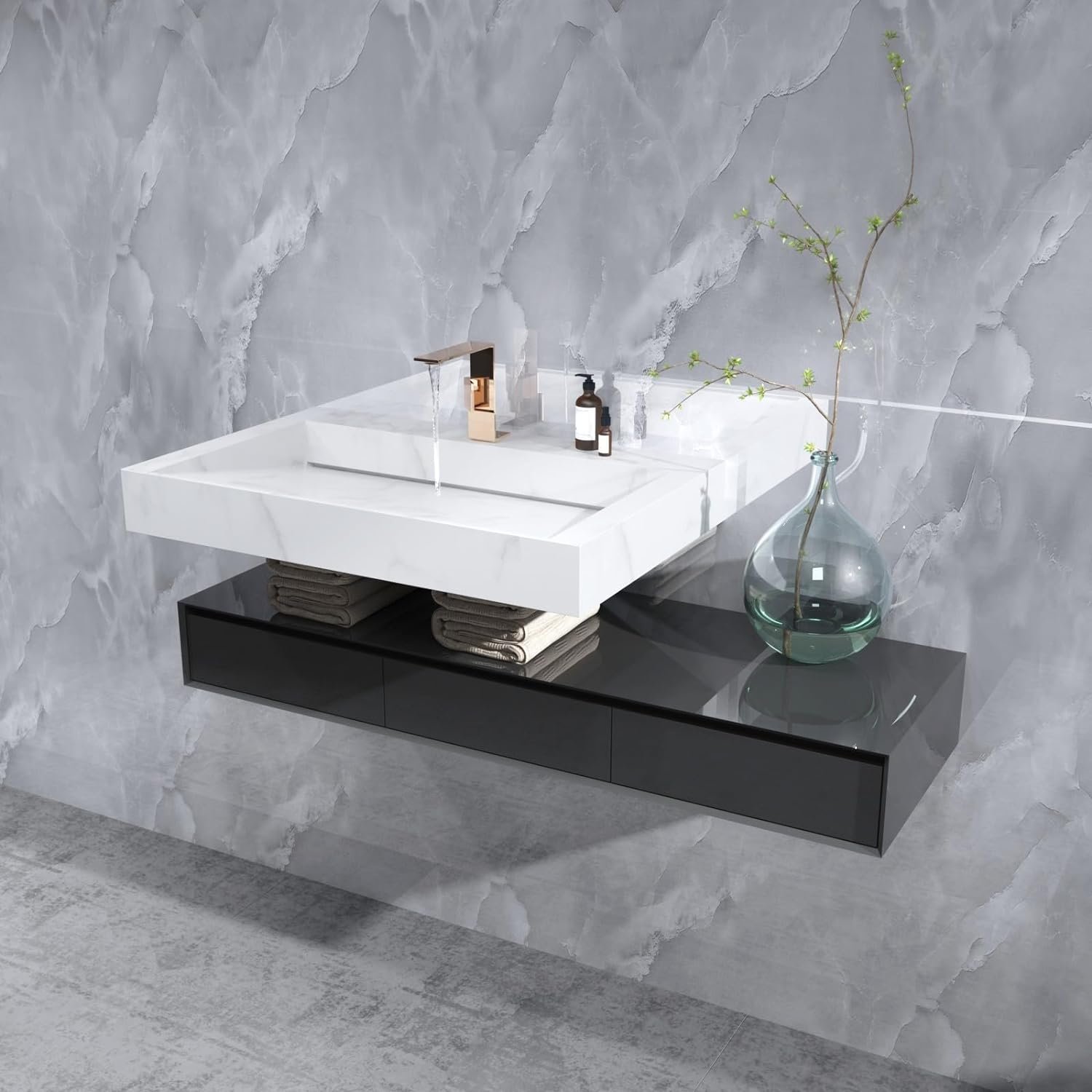 ORON DECO Waterproof High Glossy Marble Sticker Modern Self-Adhesive Peel and Stick Wall Paper Roll for Bathroom Countertop