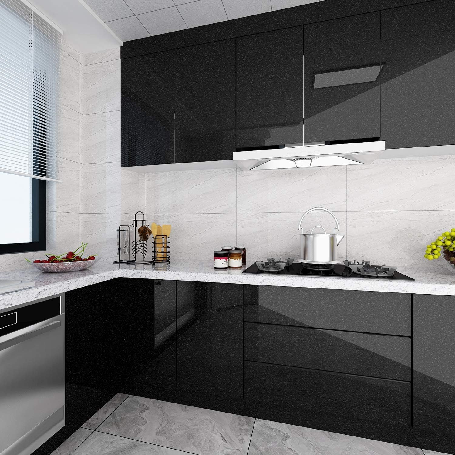 ORON DECO Black Contact Paper Decorative Glossy Glitter Self Adhesive Film Peel and Stick Waterproof Wallpaper For Kitchen