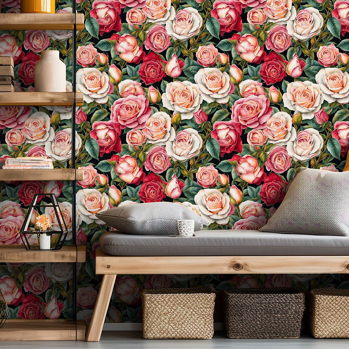 Self adhesive waterproof colorful flower painted green plant flower series background decorative wallpaper, home wallpaper