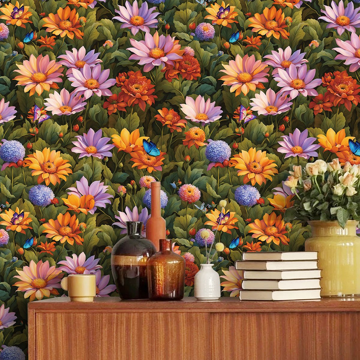 Self adhesive waterproof colorful flower painted green plant flower series background decorative wallpaper, home wallpaper