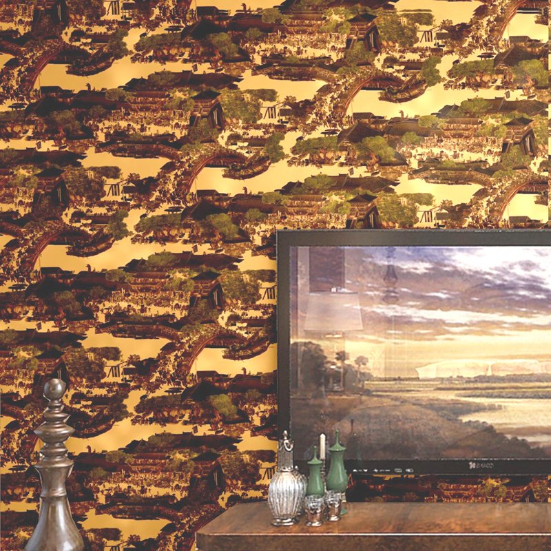 Qingming River Pattern PVC wallpaper living room bedroom interior wall decoration hotel bar engineering restaurant gold foil wat