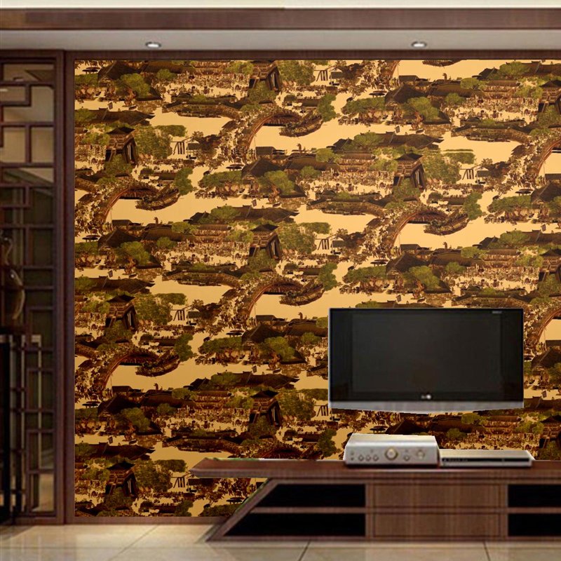 Qingming River Pattern PVC wallpaper living room bedroom interior wall decoration hotel bar engineering restaurant gold foil wat