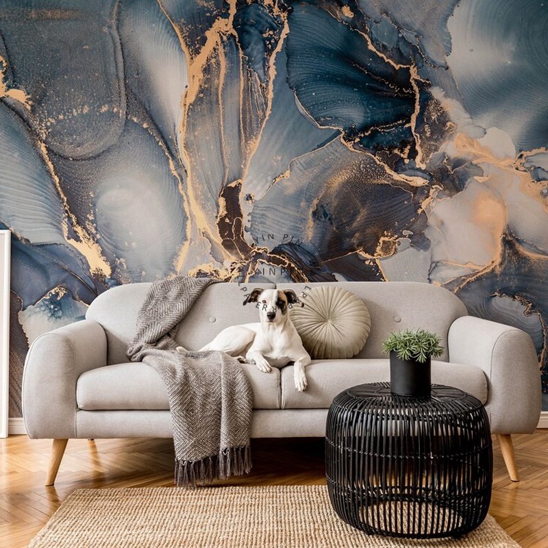Customized self-adhesive gold abstract mural with gray green marble wallpaper