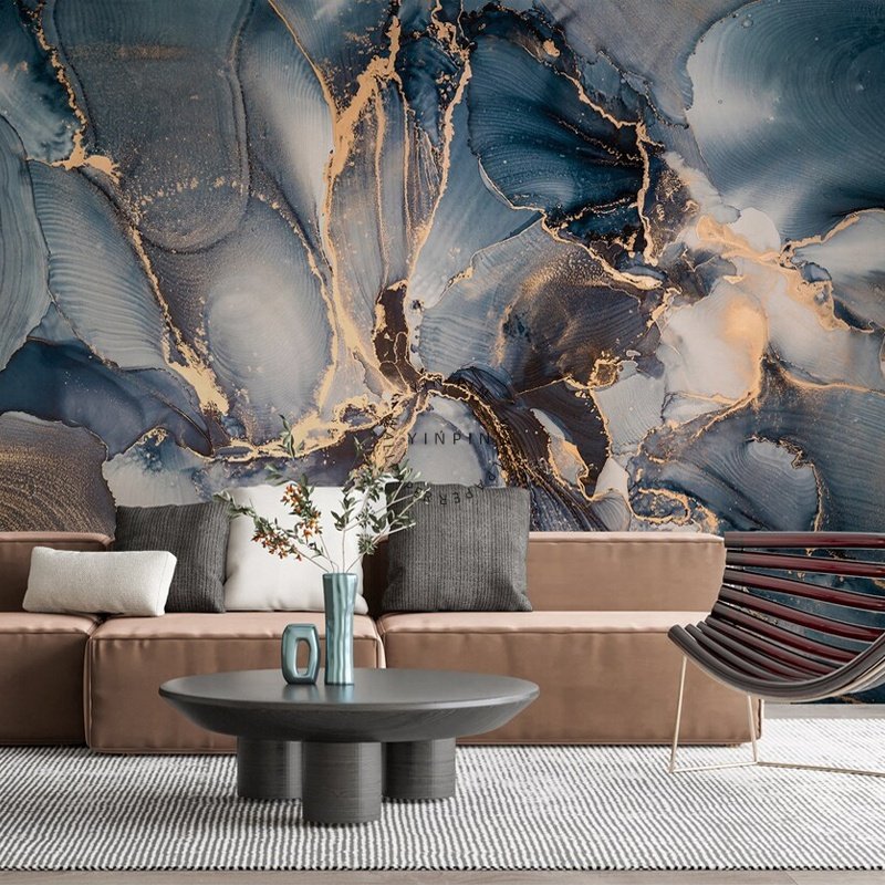 Customized self-adhesive gold abstract mural with gray green marble wallpaper