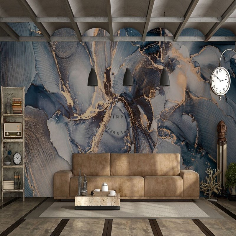 Customized self-adhesive gold abstract mural with gray green marble wallpaper