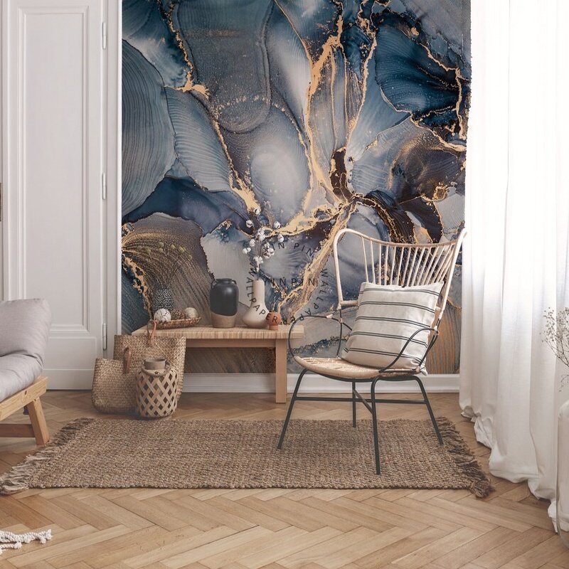 Customized self-adhesive gold abstract mural with gray green marble wallpaper