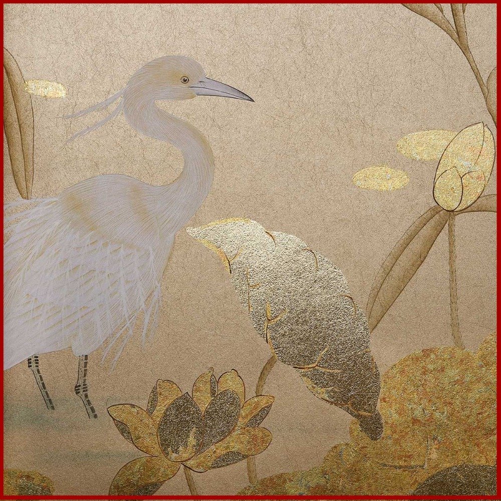 Dynamic Crane & Lotus Luxury Gilded Hand Painted Wallpapers