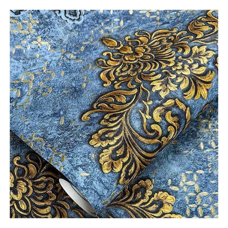European Embossed Damask Wallpaper Living Room Bedroom TV Background Blue Waterproof Wallpaper Home Decoration Wallcovering