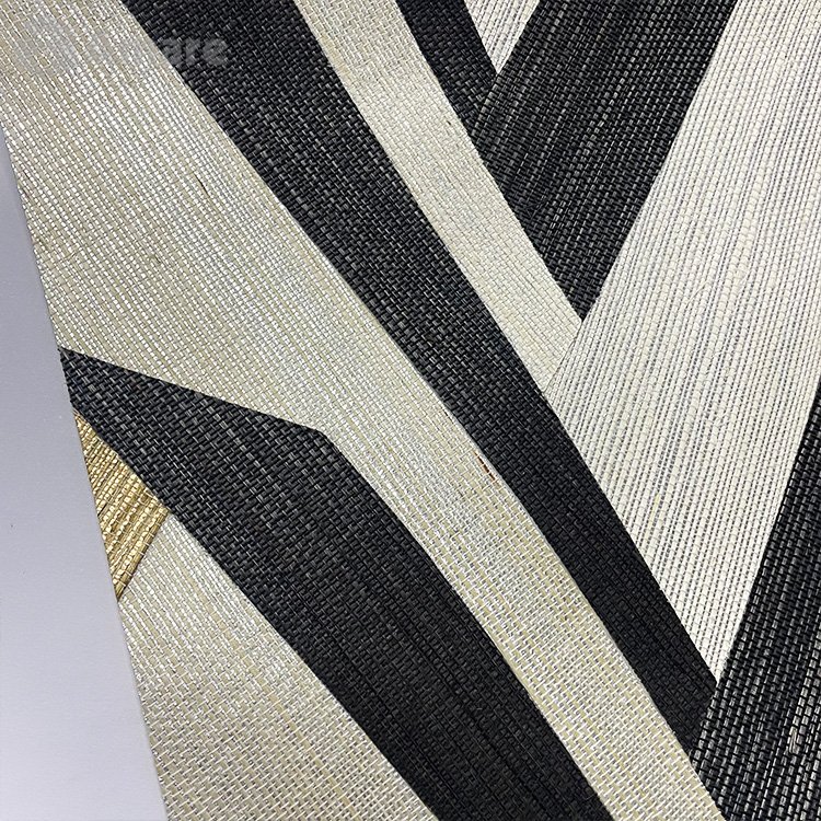 Handcraft Black And White Pattern Interior Wallcoating Natural Materials Grass Fiber Sisal Collage Wallpaper Roll