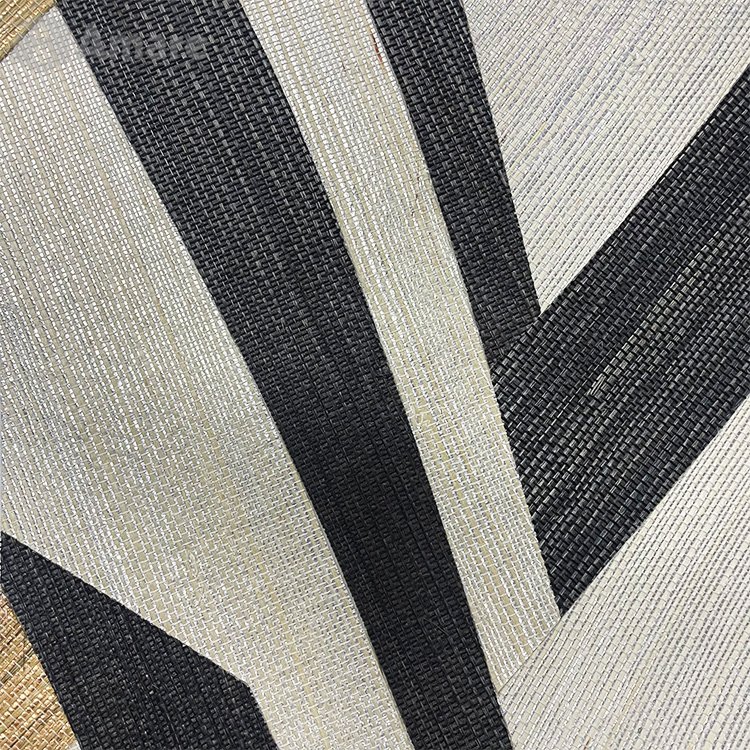 Handcraft Black And White Pattern Interior Wallcoating Natural Materials Grass Fiber Sisal Collage Wallpaper Roll