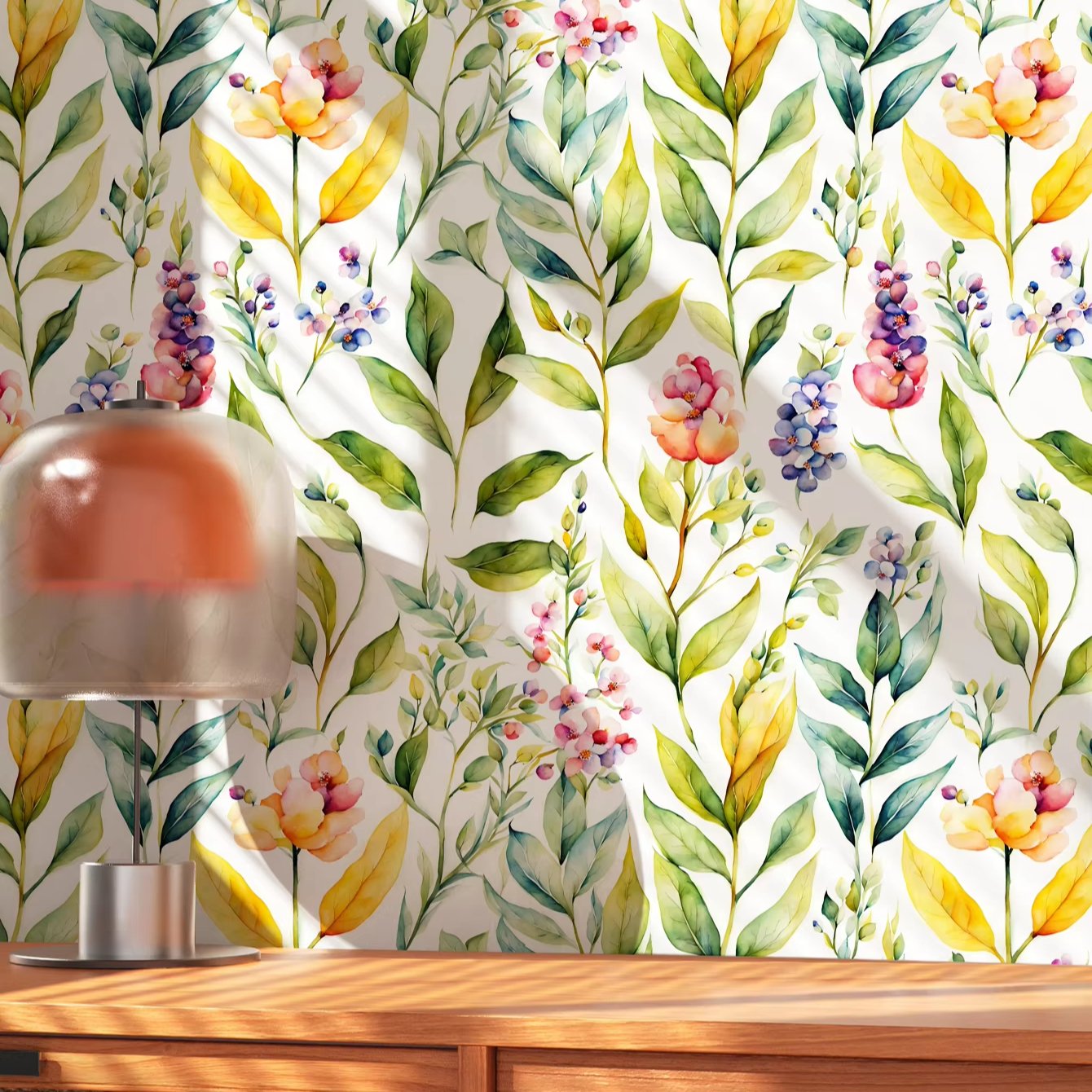 Self adhesive, stain resistant, easy to scrub, painted green plants, flower leaves, room decoration wallpaper, home wallpaper