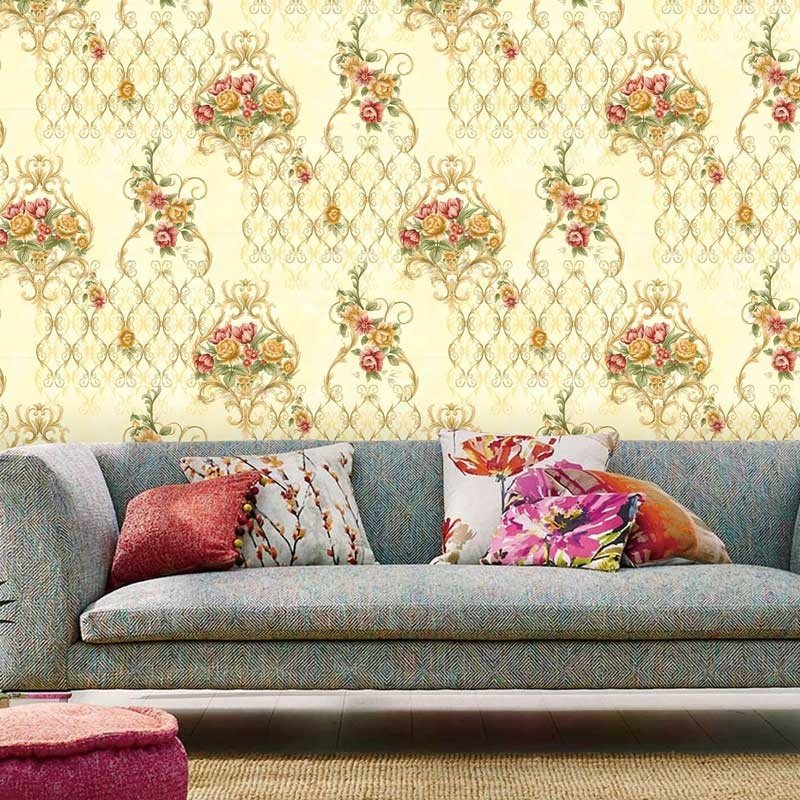 European Style Floral Waterproof Removable Living Room Home Bedroom Dormitory Wallpaper Vinyl Coated PVC Wallcovering