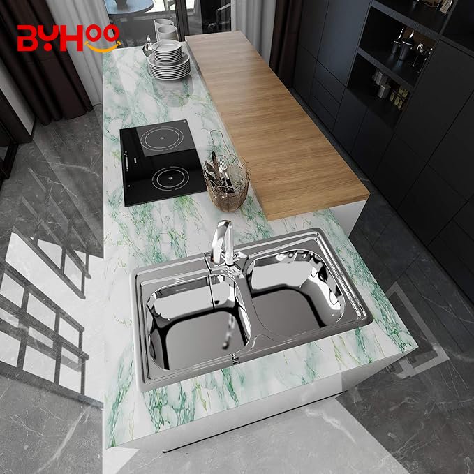 Factory Sale Waterproof PVC Green Marble Decorative Oil-proof Wallpapers for Kitchen Green Stone Stickers Wallpapers