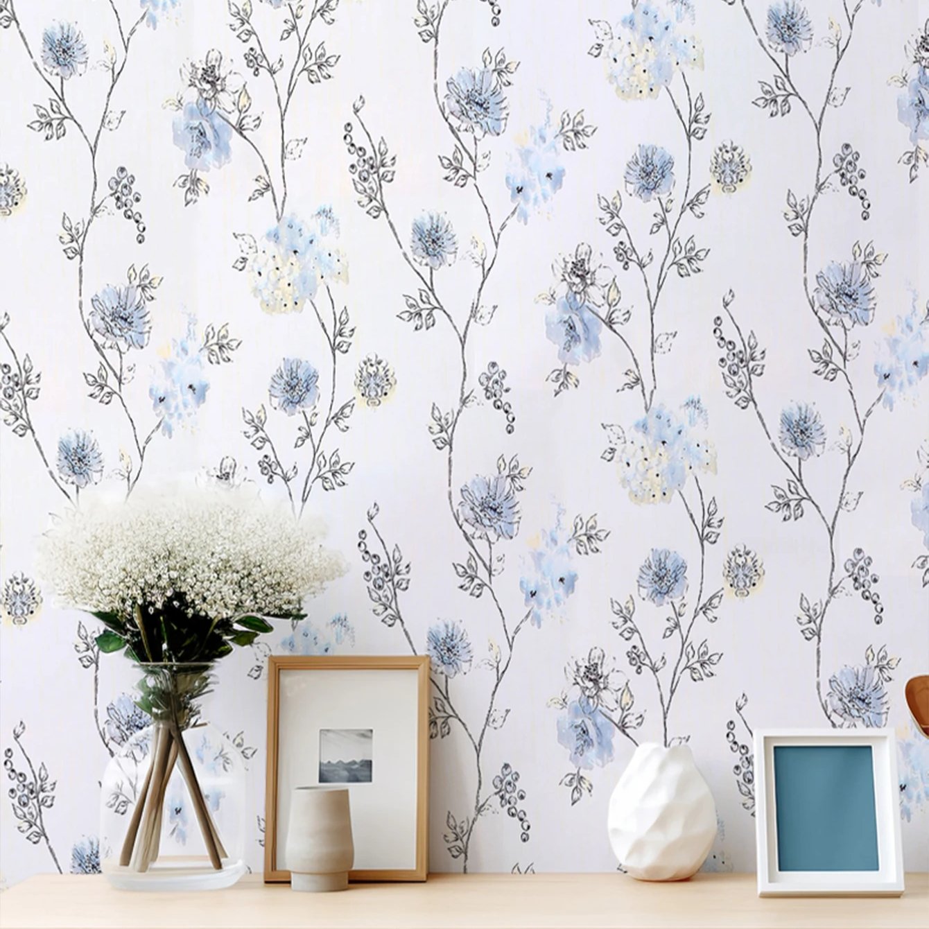 Self adhesive waterproof and anti fouling ink sketch blue floral background decorative wallpaper, home wallpaper