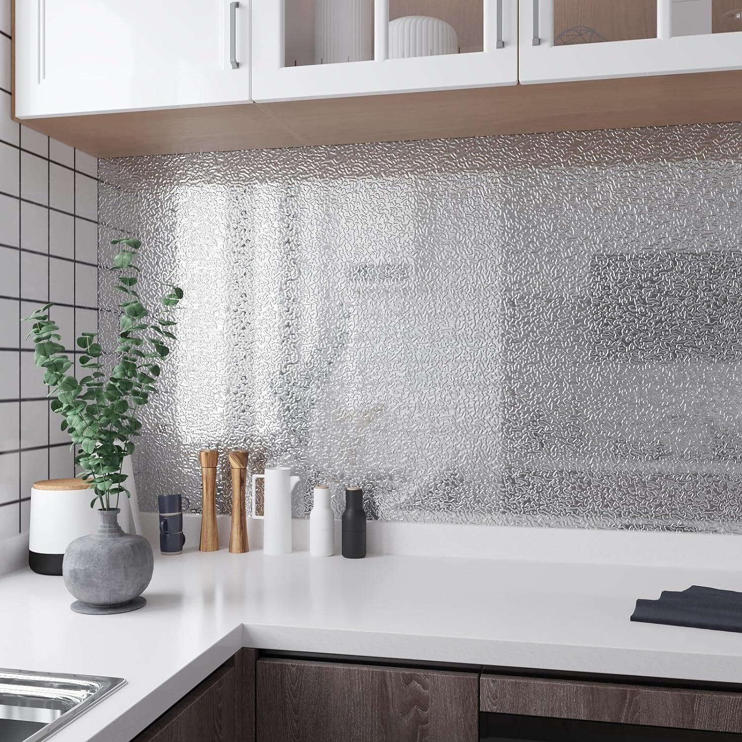 ORON Silver Kitchen Backsplash Wallpaper Stickers Peel and Stick Aluminum Foil Contact Paper Adhesive Oil-Proof Wall Sticker