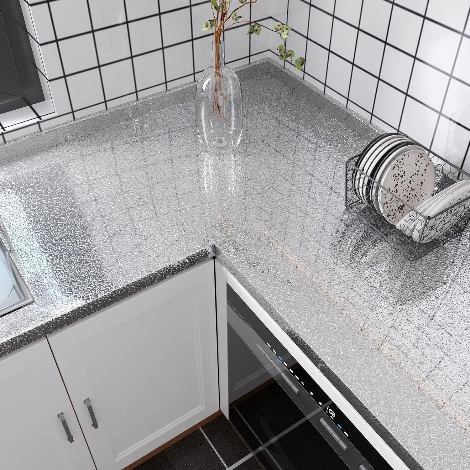 ORON Silver Kitchen Backsplash Wallpaper Stickers Peel and Stick Aluminum Foil Contact Paper Adhesive Oil-Proof Wall Sticker