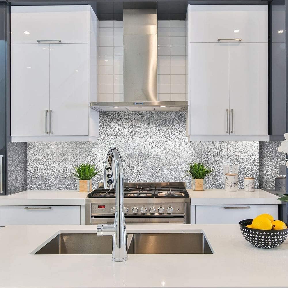 ORON Silver Kitchen Backsplash Wallpaper Stickers Peel and Stick Aluminum Foil Contact Paper Adhesive Oil-Proof Wall Sticker