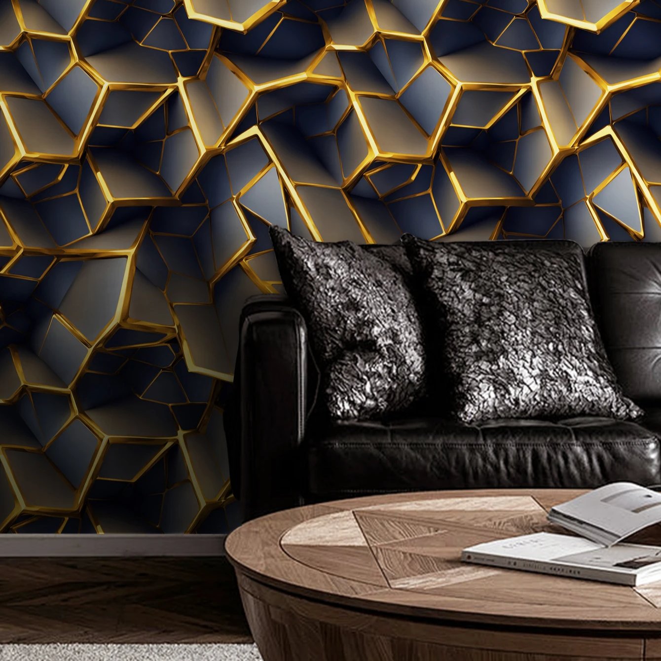 Self adhesive waterproof 3D irregular graphic black gold geometric shape background decorative wallpaper, home wallpaper