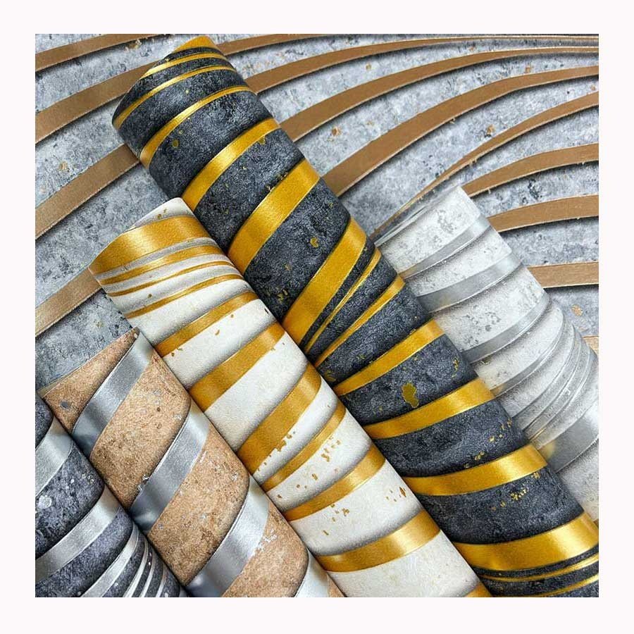 2023 New Living Room Vinyl Wallpaper Home Decoration 3D Glod and Black Wave Stripe Wall Paper