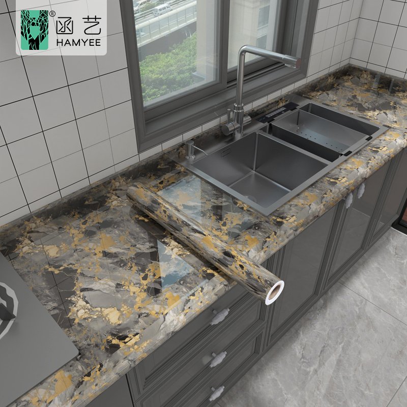 Kitchen marble anti-oil film stove waterproof moisture-proof self-adhesive wallpaper countertop cabinet renovation wall sticker