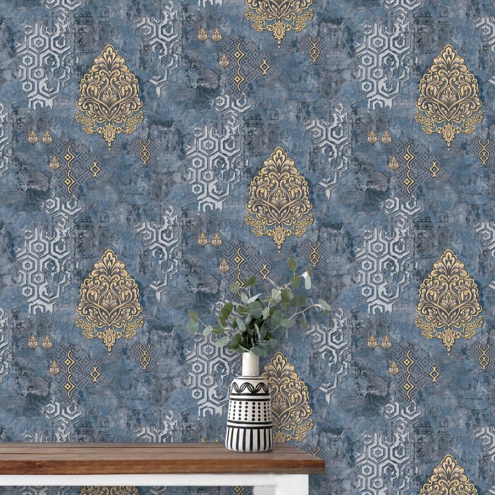 Classic European retro 3d three-dimensional Antique European flower dark background damask wallpaper