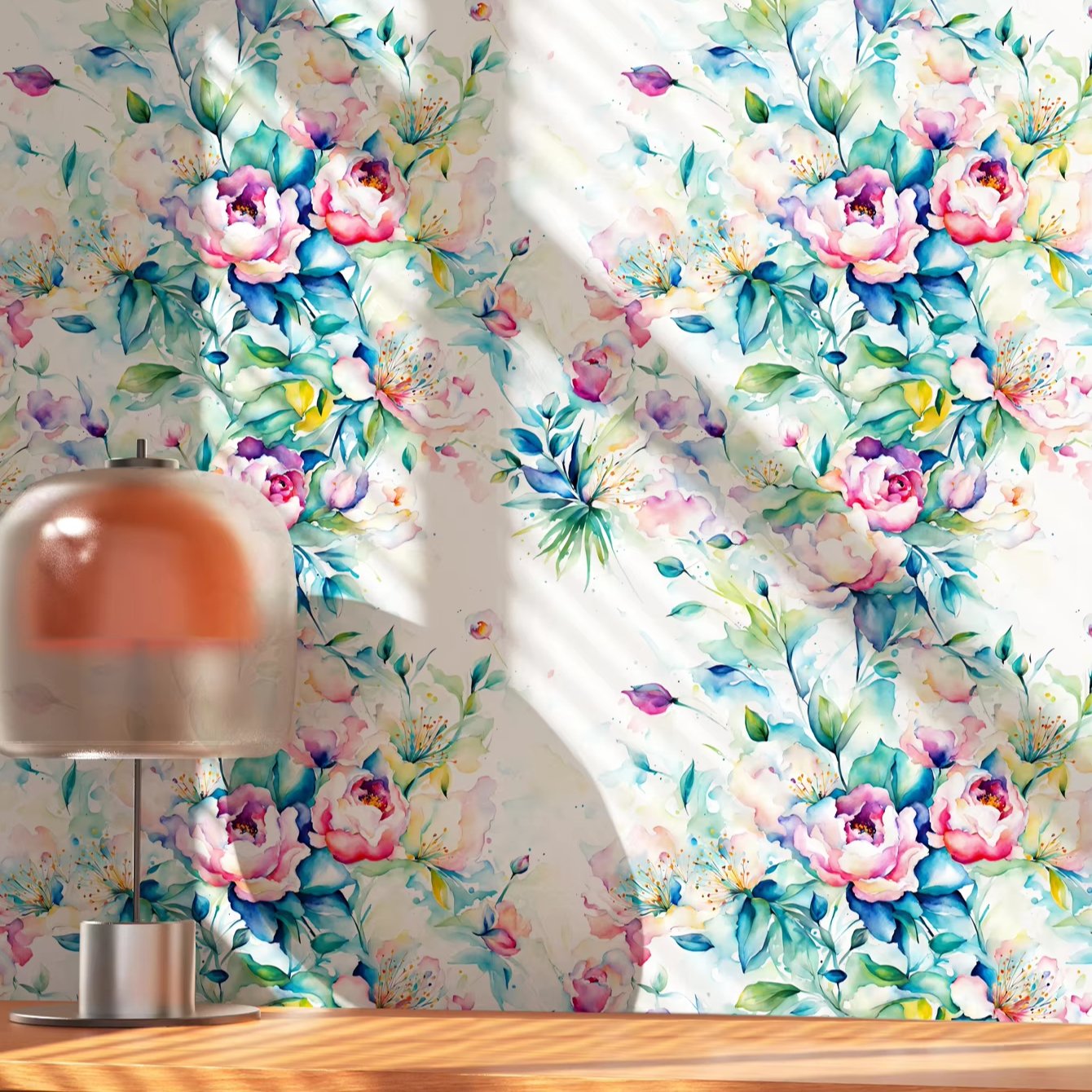 Self adhesive waterproof painted green plants, blue leaves, red flowers, fresh background decorative wallpaper, home wallpaper