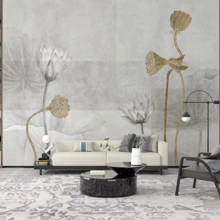 Zhenling Digital print hand-painted embroidered lotus wallpaper for interior house wall decoration