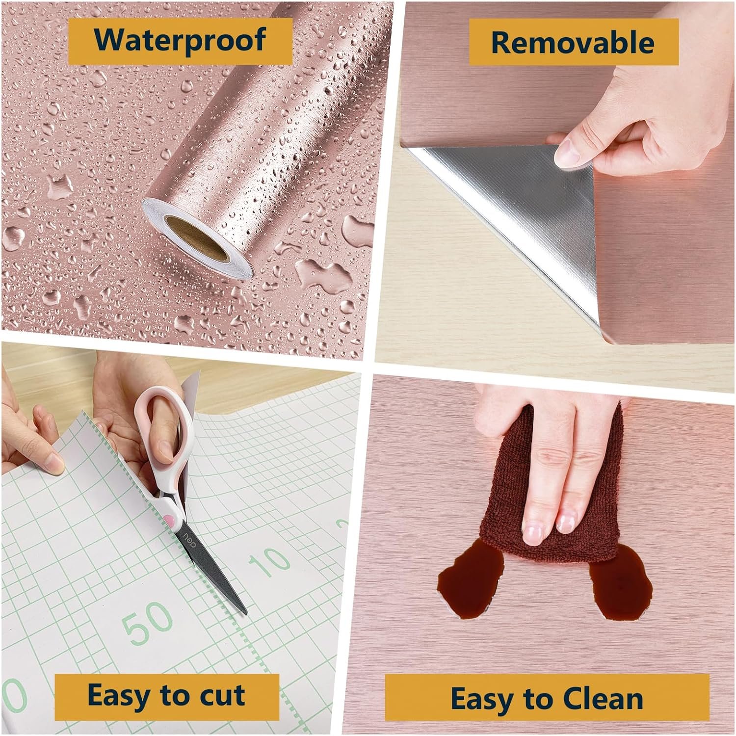ORON DECO Self-Adhesive Stainless Steel Brushed Wallpaper Rose Gold Metallic Decorative Metallized Films for Kitchen
