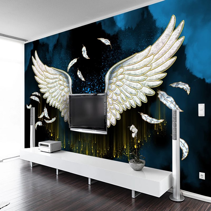 KOMNNI Custom Wall Mural European Feather With White Wings Self-Adhesive Wall Murals Living Room Home Decor 3d Wallpaper Fresco