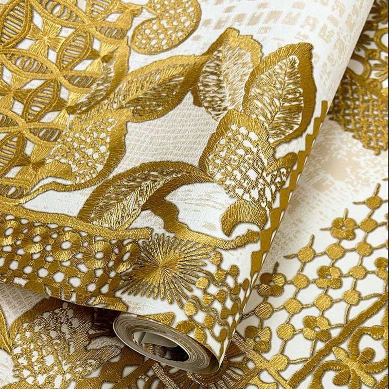High Quality Waterproof Gold Chinoiserie Hotel Living Room Hall Decorative Vinyl Coated PVC Wallpaper Embossed Wall Wallcovering