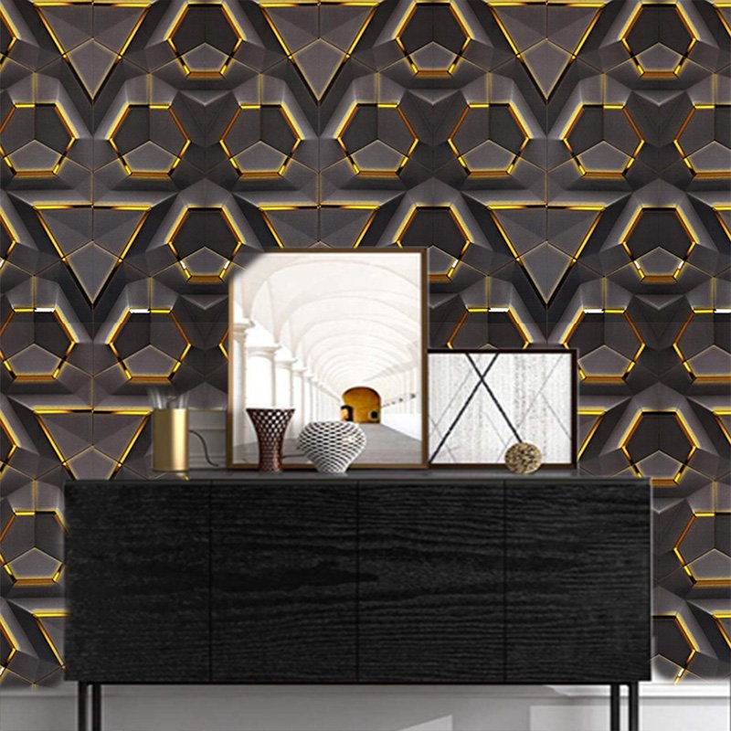 modern design Interior 3D geometric Wallpaper peel and stick wall coating PVC black and gold wallpaper for bar salon decoration