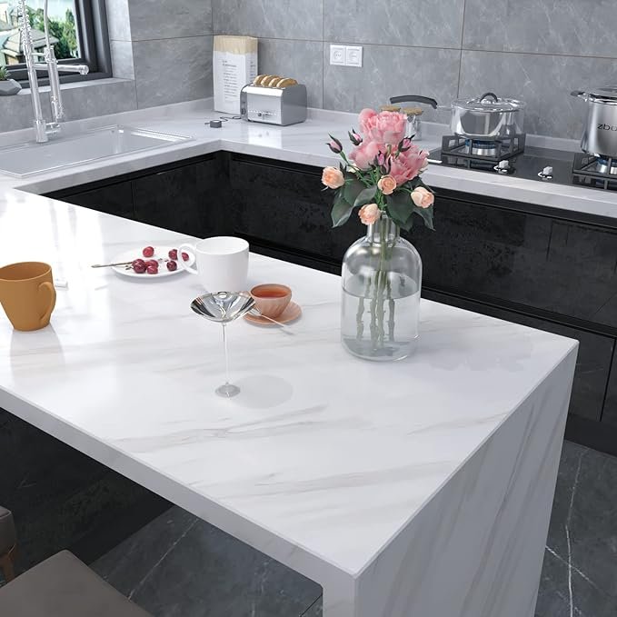 3D White Vinyl Marble Stickers Peel and Stick Wall Paper Waterproof Self Adhesive Wallpaper for Kitchen Countertop