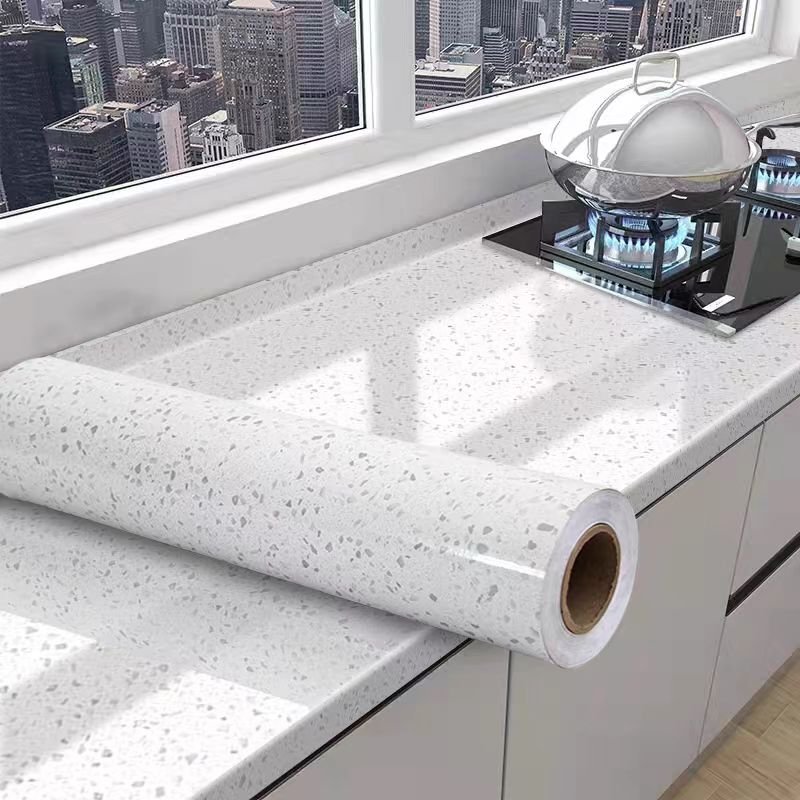 ORON DECO Glossy White Granite Terrazzo Vinyl Self-Adhesive Marble Wallpaper Sticker Modern Kitchen Countertops Waterproof