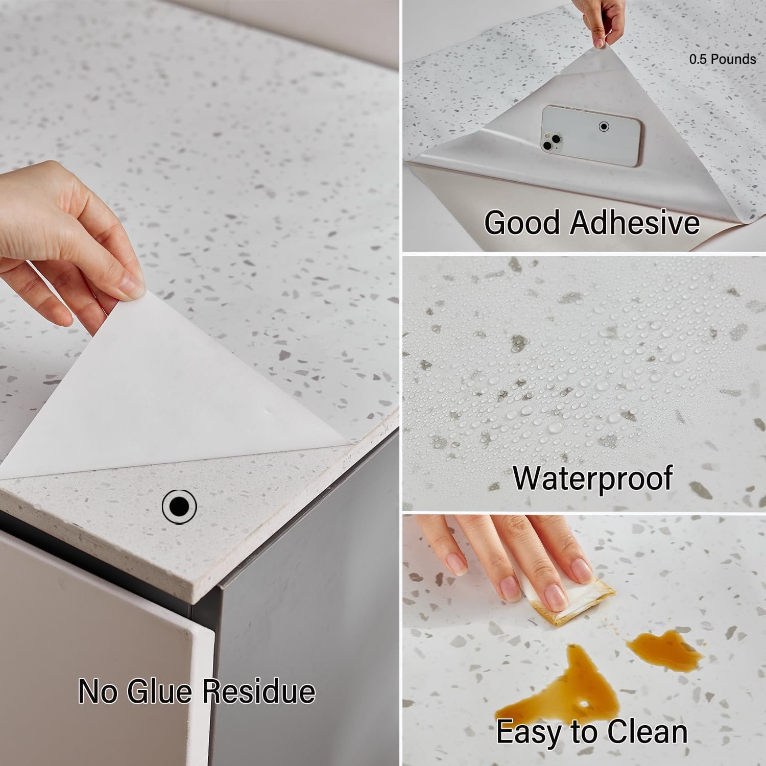 ORON DECO Glossy White Granite Terrazzo Vinyl Self-Adhesive Marble Wallpaper Sticker Modern Kitchen Countertops Waterproof