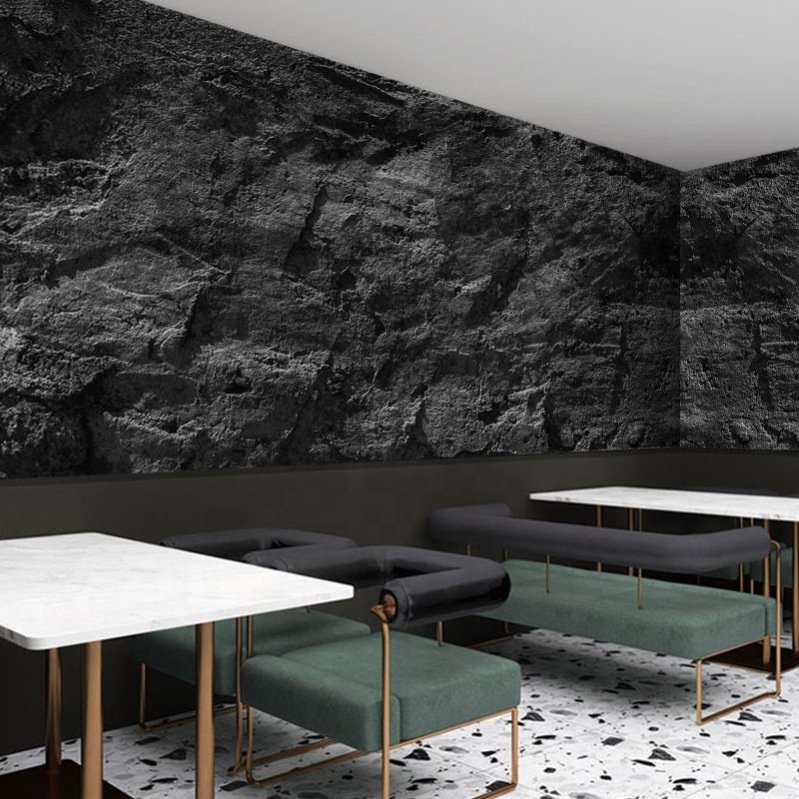 Industrial 3D dark grey stone panel wall bedroom TV background black rock decoration wall mural