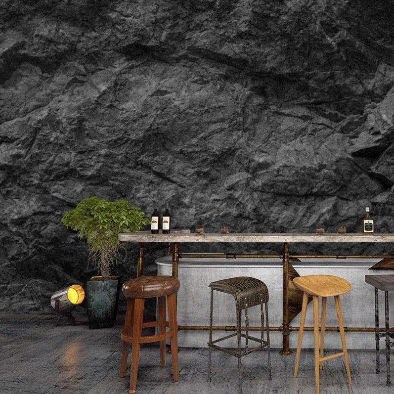 Industrial 3D dark grey stone panel wall bedroom TV background black rock decoration wall mural