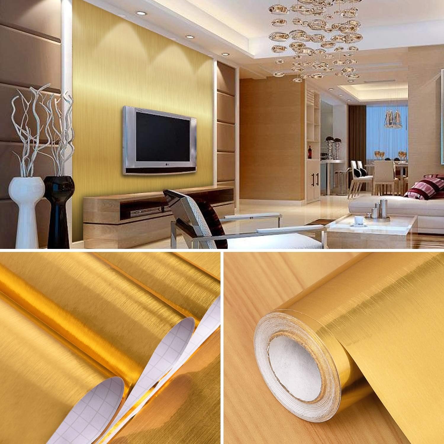 ORON DECO DIY Self-Adhesive Vinyl Film Gold Metallic Stainless Steel Wallpaper Kitchen Refrigerator Cabinet 23.5 inch x 196.7