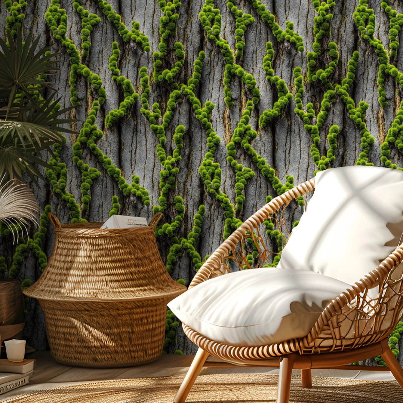 Self adhesive waterproof thick white gray birch bark covering moss green plant background decorative wallpaper, home wallpaper